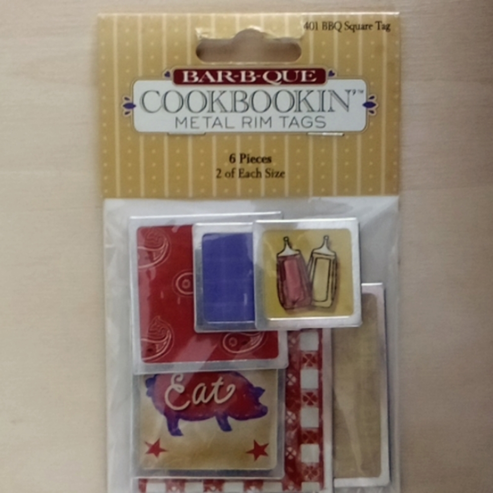 5/$20 BBQ Cookbookin' Square Metal Rim Tags 6Pc